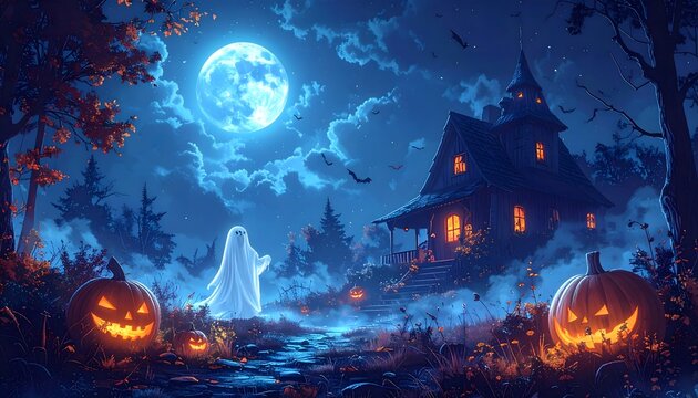 Casa encantada con fantasma, luna llena y calabazas de Halloween
