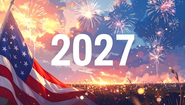 2027 con bandera de Estados Unidos y fuegos artificiales