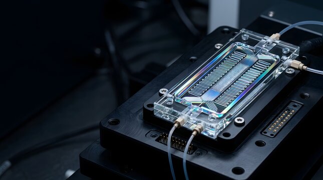 Close up view of microfluidic chip on black lab mount with iridescent channels and fluidic tubing connections.