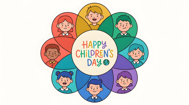 Happy children's day celebration graphic with diverse kids in colorful circular frames