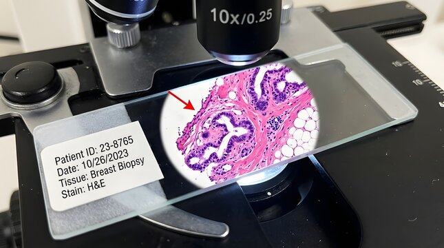 Close-up of a breast biopsy histology slide under a microscope 10x objective lens with H&E stain and red arrow