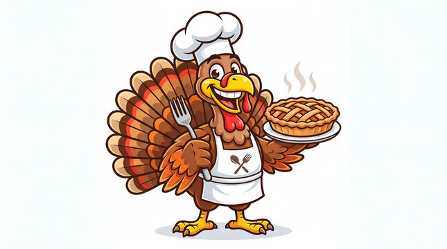 Cartoon turkey chef holds a fork and serving of pie