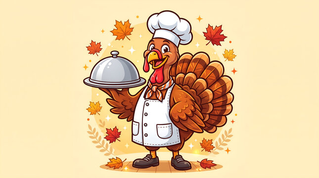 Cartoon turkey chef presenting covered dish colorful vector illustration