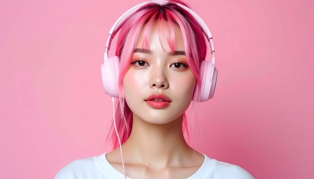 Mujer con cabello rosa y auriculares sobre fondo rosa