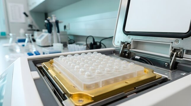 Close-up of a PCR machine with a 96-well plate on a golden block in a modern medical research laboratory unit.
