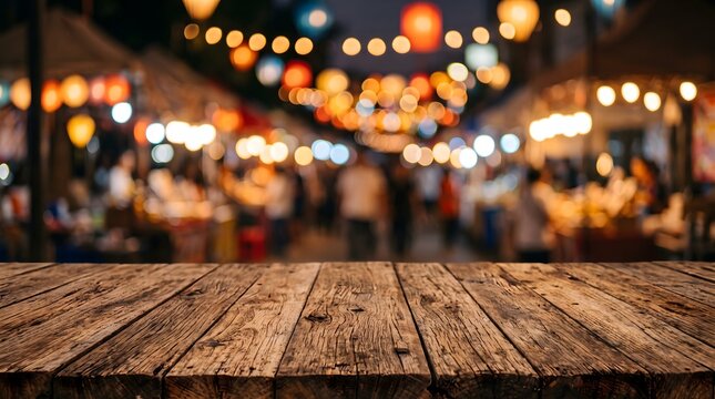 Blurred night market scene with wooden table in foreground