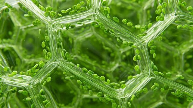 Cinematic macro view of lush green plant tissue showing intricate cell structures and chloroplasts under a microscope