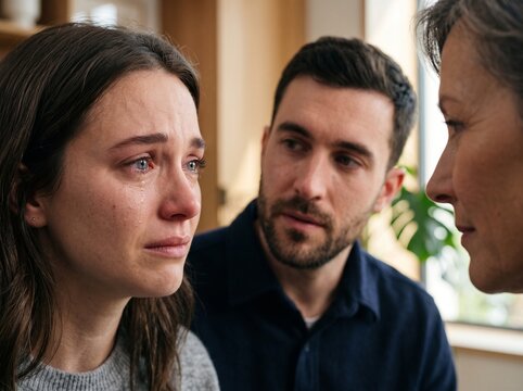 Crying young woman with tear sharing emotional problem during therapy session with couple listening