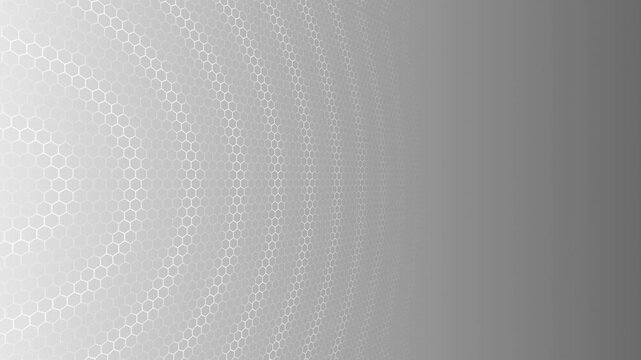 Abstract background with white hexagonal grid pattern and circular waves on a light grey gradient surface with geometric