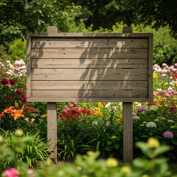 Empty Wooden Signboard in a Vibrant Summer Garden Surrounded by Colorful Flowers and Lush Greenery