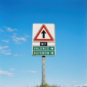 French Road Sign N7 Valence Avignon Ahead Warning Symbol Clear Blue Sky