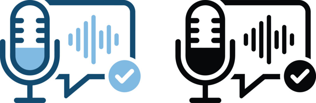 Podcast microphone icon with sound wave and check mark vector