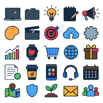 25 colorful flat vector icons in 5x5 grid