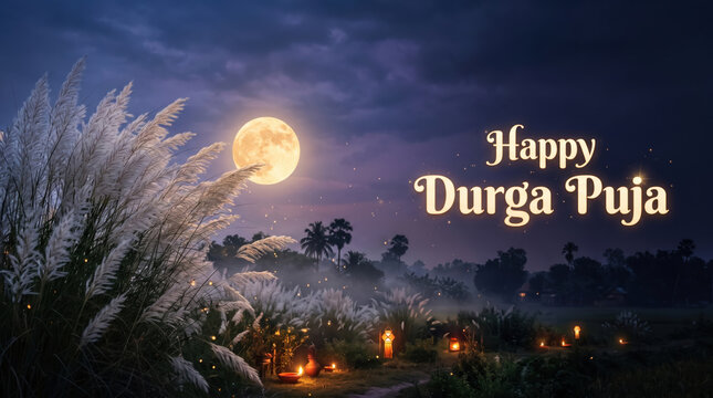 Happy Durga Puja text banner with white kash flowers beneath a glowing autumn moon, misty Bengal countryside, lantern light and dreamy evening atmosphere