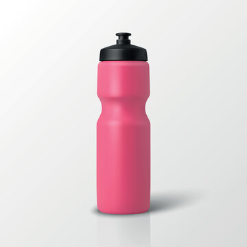Pink Sports Bottle, 3d Vector Illustration. Blank Pink Water Bottle Mockup. Plastic Fitness Bottle with Black Cap for Gym, Workout, Running, Cycling, Hydration, Sport Equipment Design