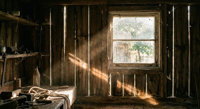 Dusty Barn Interior with Sunbeam through Window Rustic Wood Walls Old Workshop Atmosphere