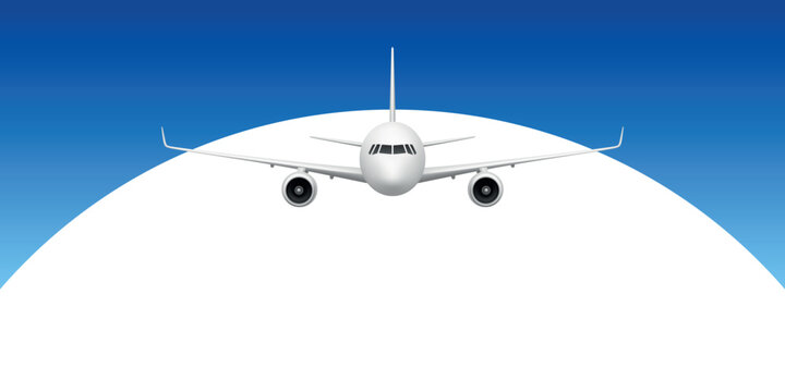 Airplane Banner Vector Illustration. Airplane Travel. Passenger Airplane Front View with Blue Sky and Blank Copy Space for Travel Banner, Aviation Poster, Tourism Ad, Flight Promotion, Template Design