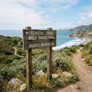Coastal trail signpost pointing towards Rodeo Beach and Wolf Ridge Trail with ocean view