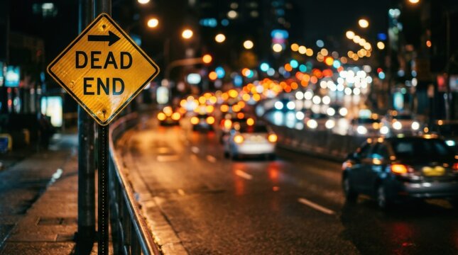 Dead End Street Sign in Bokeh City Traffic at Night