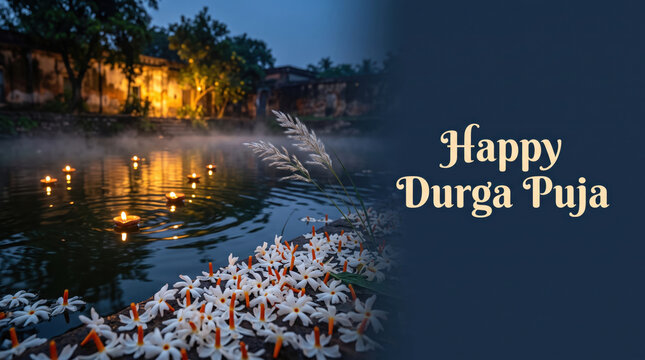 Happy Durga Puja text banner featuring floating diyas on a tranquil Bengali pond surrounded by shiuli flowers, kash stems, mist and evening reflections