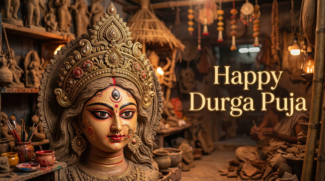 Happy Durga Puja text banner featuring a traditional Bengali Maa Durga face sculpture in kumartuli