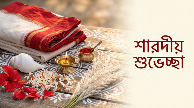 Sharodiya Shubhechha text Bengali Durga Puja greeting banner featuring red-border white sari, shankha, brass diya, sindoor, shiuli, hibiscus and kash flowers