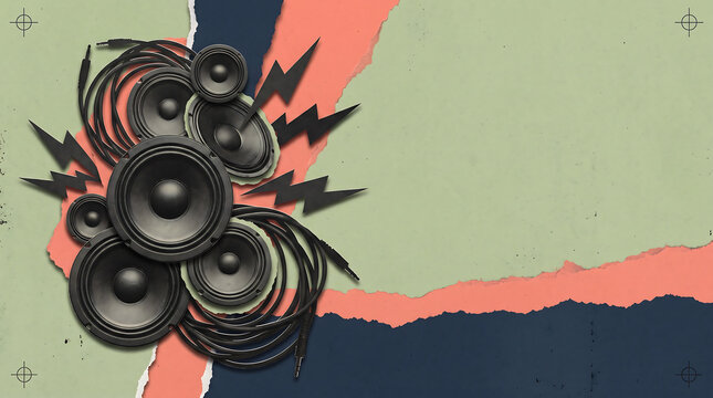 Collage composition featuring black audio speakers, coiled cables, and jagged lightning bolt shapes on a textured background, of torn paper, layers in sage, green, coral, and, dark blue