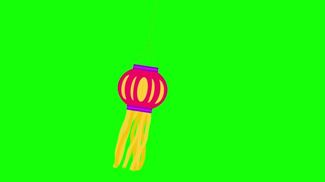Animated traditional hanging Diwali lantern paper kandil swinging against a chroma key green screen background
