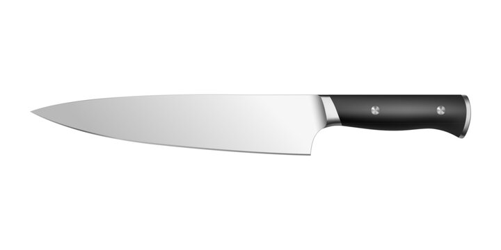 Chef Knife, 3d Vector Illustration. Kitchen Knife, Cooking Knife Isolated. Sharp Stainless Steel Blade with Black Handle for Cutting, Chopping, Slicing, Food Preparation and Culinary Design