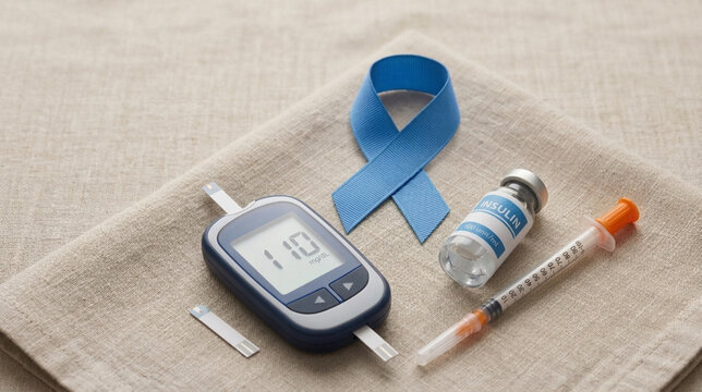 Diabetes management concept glucose meter insulin vial syringe and awareness ribbon on a textured surface