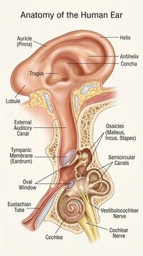 Detailed Anatomical Illustration of the Human Ear Cross Section Showing Inner Structures and Outer Parts Labeled