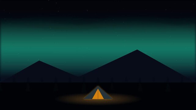 Camping Tent at Night with Mountains and Stars