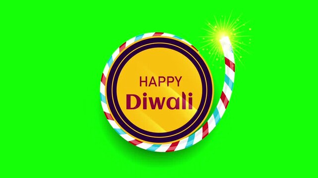Happy Diwali gold badge with burning spinning ground cracker wheel animation isolated on green screen keying background
