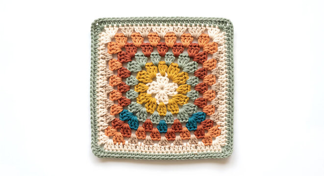Handcrafted crochet granny square with concentric patterns in earth tones, including mustard yellow, terracotta, teal, cream, and sage green yarn on a white background