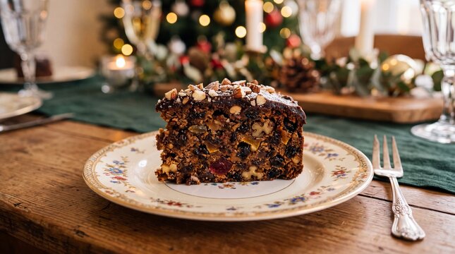 Holiday fruitcake, A slice of rich fruitcake rests upon an antique porcelain dish