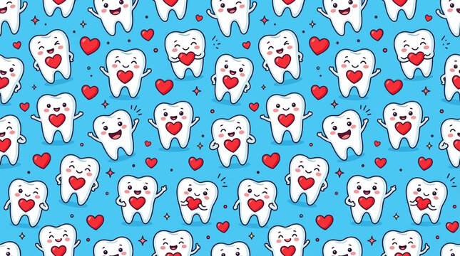 Cute Cartoon Teeth with Hearts Kawaii Dental Pattern Vector Illustration