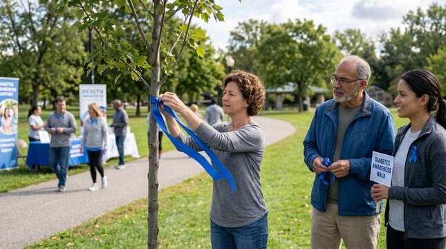 Community members tie blue ribbons on tree at awareness walk event promoting health and support