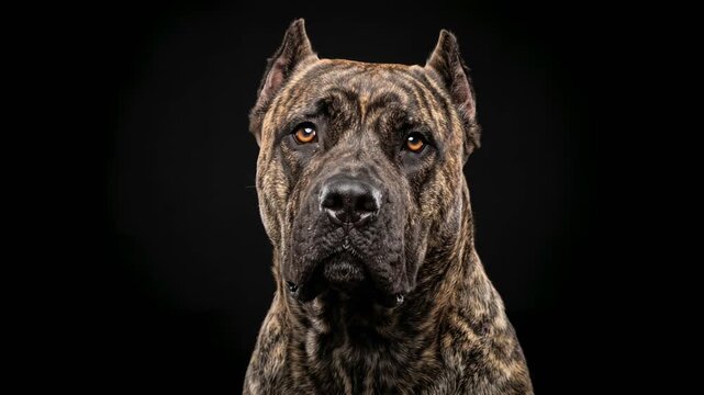 perro de presa canario dog close up isolated on black background video