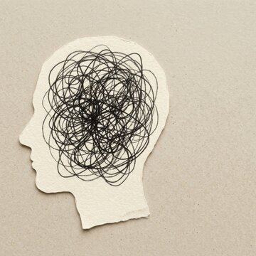 Confused mind silhouette with tangled scribbles inside a head shape representing chaos stress or mental health issues