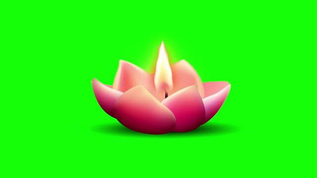 Blooming pink lotus flame diya animation loop on green screen background for traditional diwali celebration
