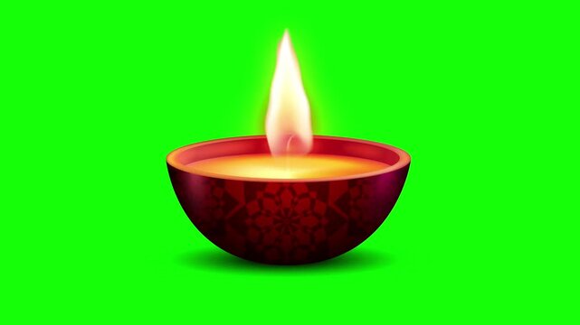 Traditional burning diya lamp with flickering flame for diwali celebration animation loop on green screen background