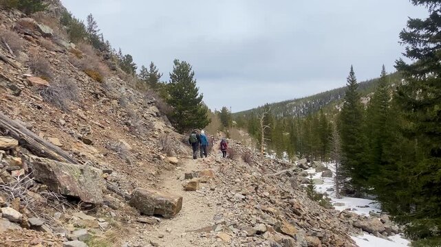 Unknown tourists hiking a rocky trail near Estes Park Colorado with pine forest and snow patches