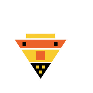 Geometric abstract face with orange, yellow, and black colors