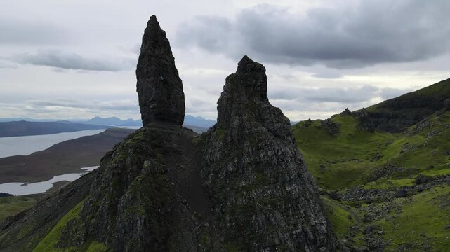 Cinematic Drone View of Old Man of Storr on Isle of Skye, Scotland