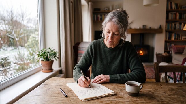 New Year correspondence, A person pens a thoughtful message to a cherished companion