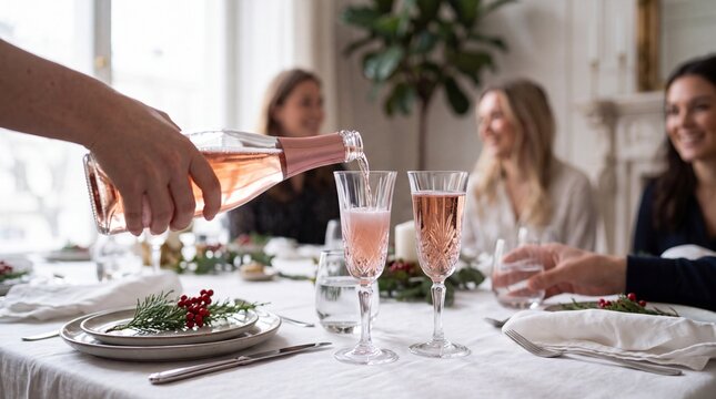 New Year brunch celebration, Vibrant pink sparkling ros is poured into elegant crystalware