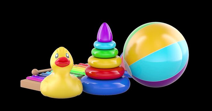 Colorful baby toys set with rubber duck, beach ball, stacking rings, spinning top and xylophone rotation animation seamlessly loopable. 3D rendering isolated on transparent background