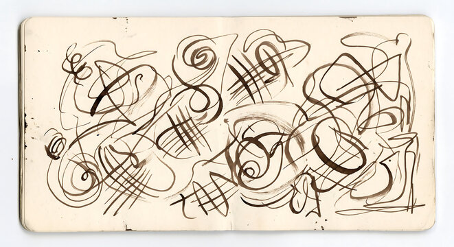 Sketchbook page with dark brown ink abstract line featuring swirling loops, gestural scribbles, and cross-hatched patterns on aged cream-colored paper
