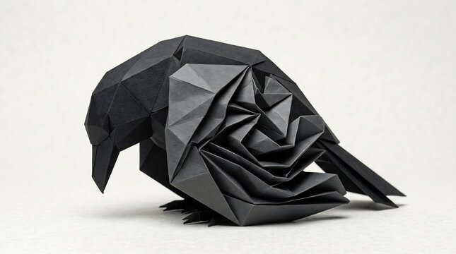 Black origami raven with bowed head symbolizing depression and mental health struggles, intricate geometric paper bird representing grief, anxiety, and despair.