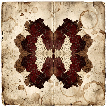 Symmetric rorschach-style inkblot with deep red cracked paint texture on aged, stained paper background, featuring coffee ring, marks and creases